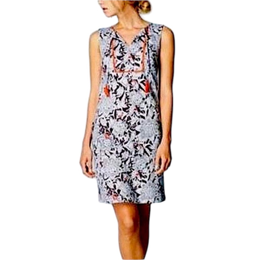 BODEN LANA STRETCHY SHIFT DRESS WITH TASSELS BROWN CORAL WHITE BLACK PRINT 6